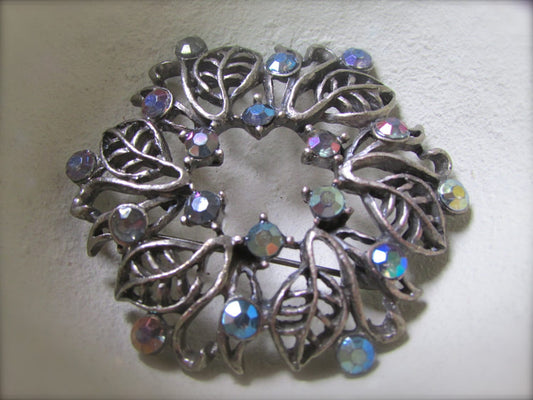 Vintage silver leaf and rhinestone wreath pin