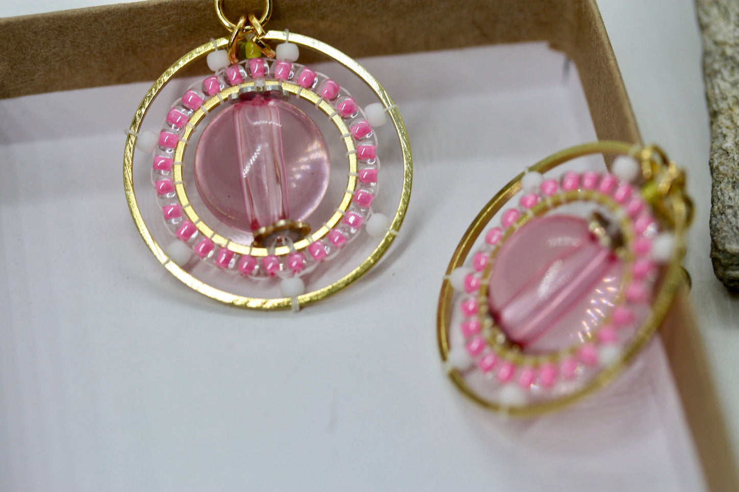 Pink and white intricate beadwork small circular dangle earrings