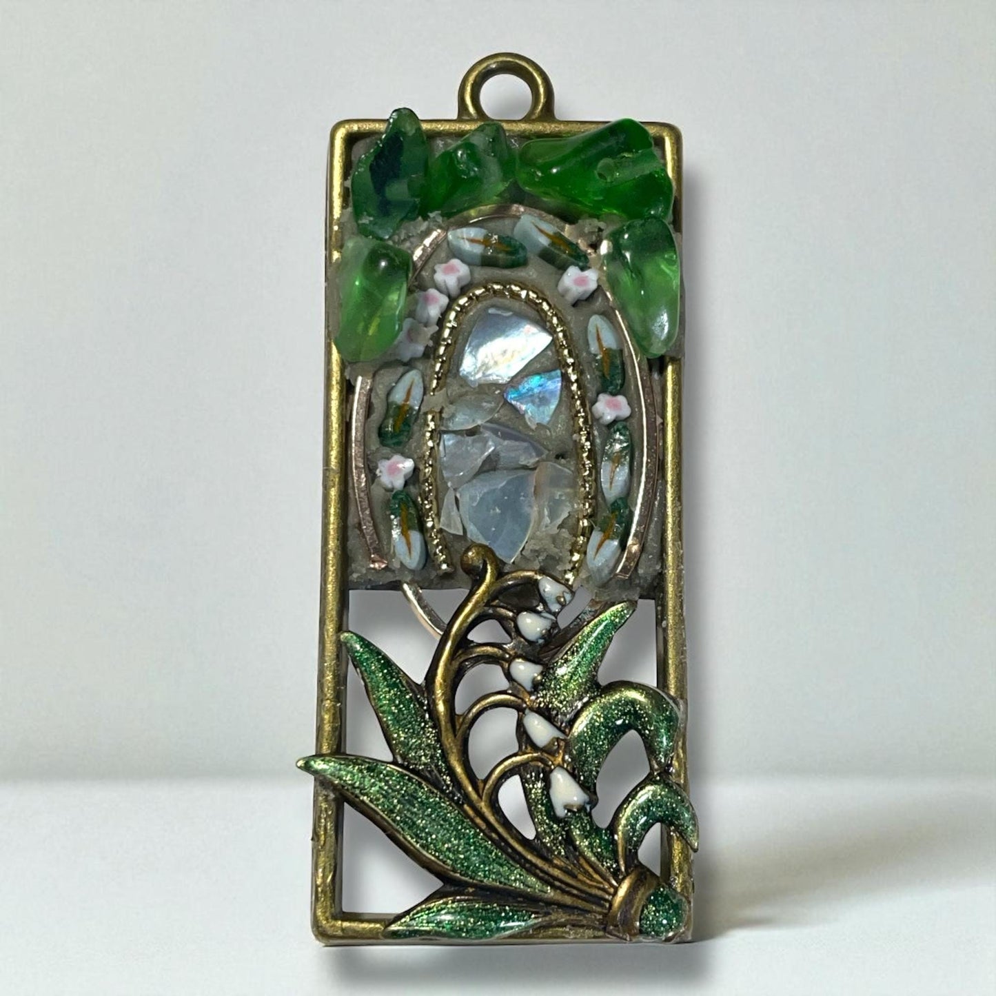Handmade mosaic necklace -Enameled Lily of the Valley, hand cut glass murrini, glass chips & inlaid mother of pearl, matching chain included