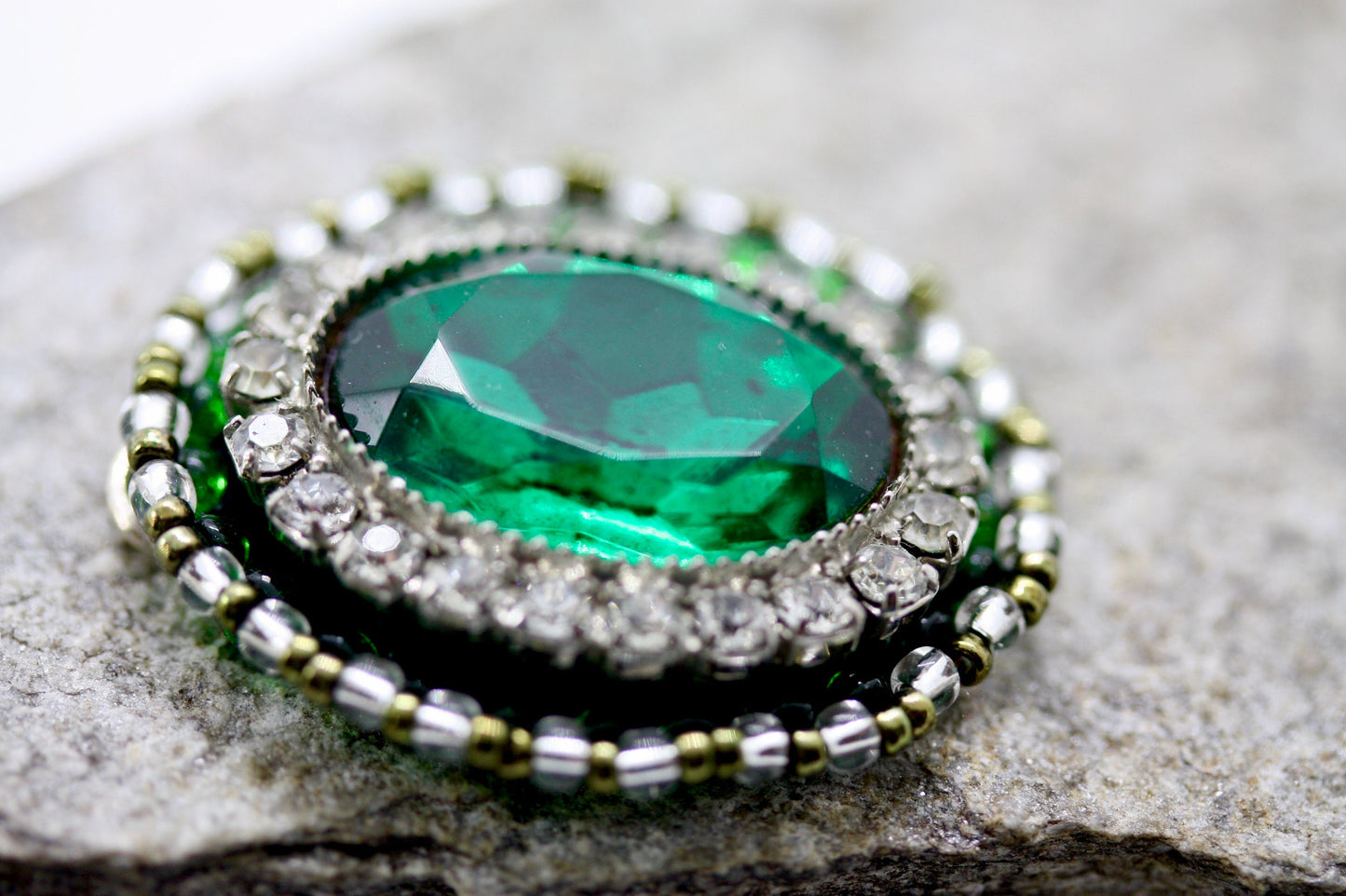 Handmade. mixed material and beadwork emerald green and rhinestone - necklace pendant