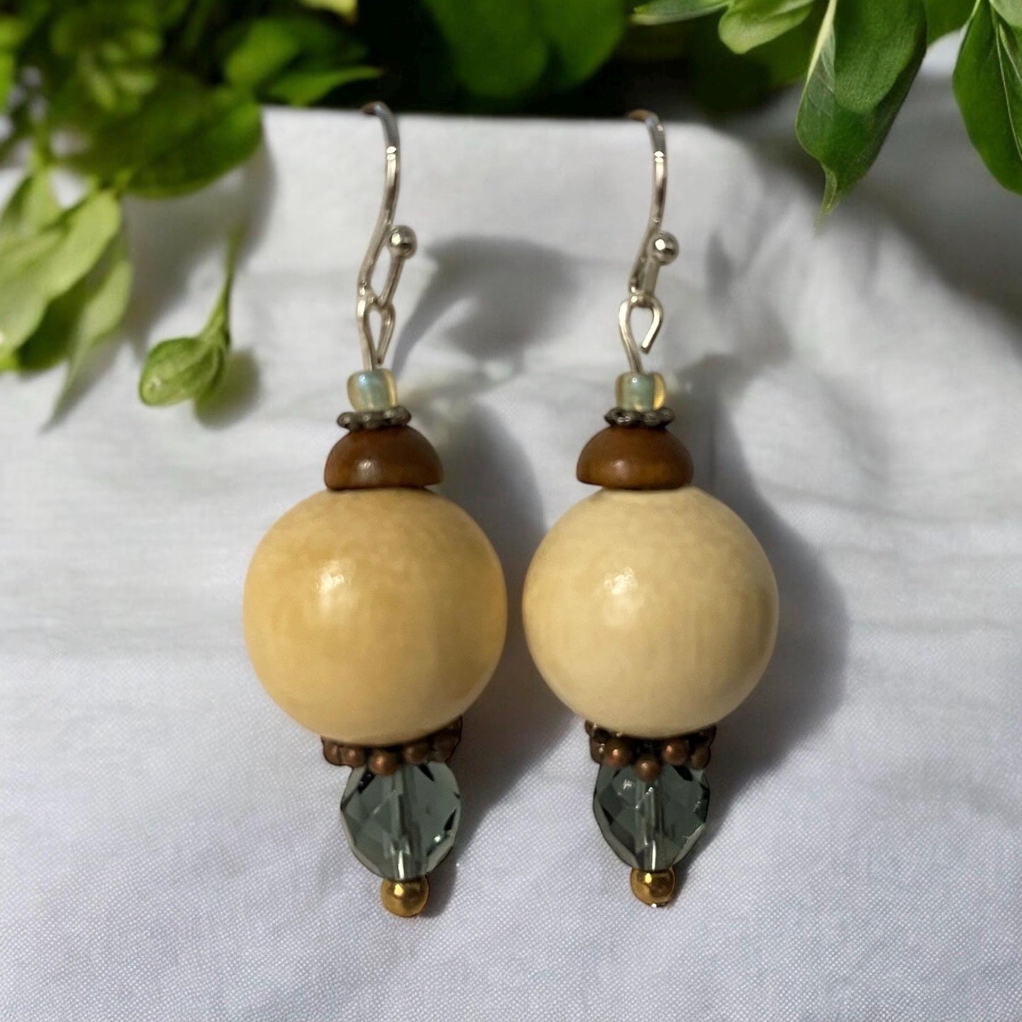 Blue glass crystal and wood beads handmade dangle earrings with vintage, upcycled and new elements