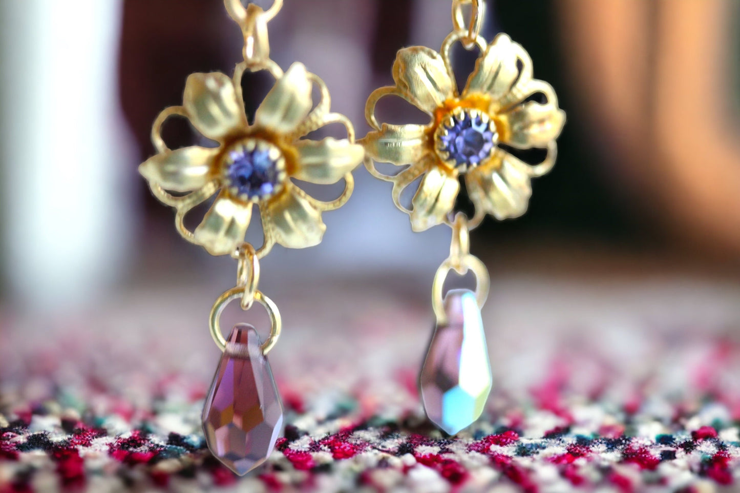 Handmade earrings - made up of vintage & new components - gold flowers with purple rhinestones and crystal dangles