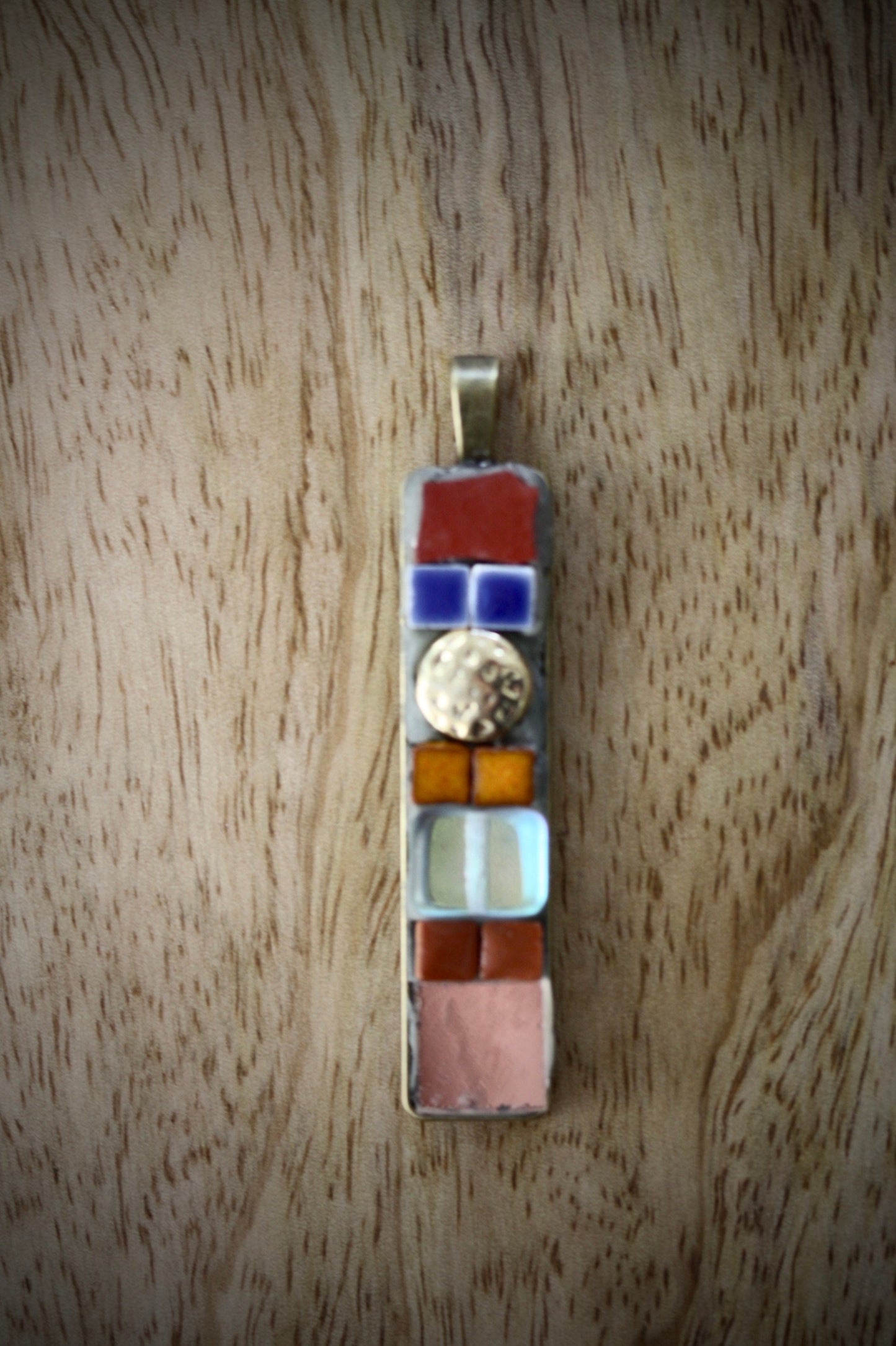 Handmade mixed material mosaic necklace - glass, ceramic tiles, rose gold colored mirror, upcycled goldtone hammered metal