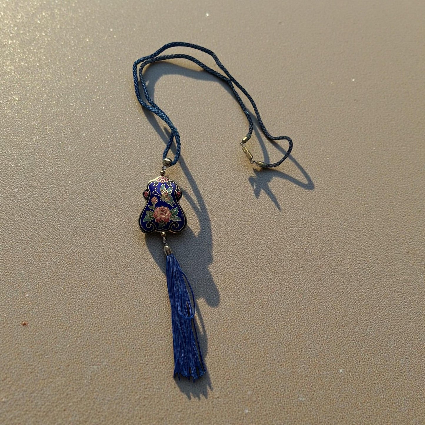 Vintage Cloisonné Floral Tassel Necklace Blue Enamel Asian Pendant