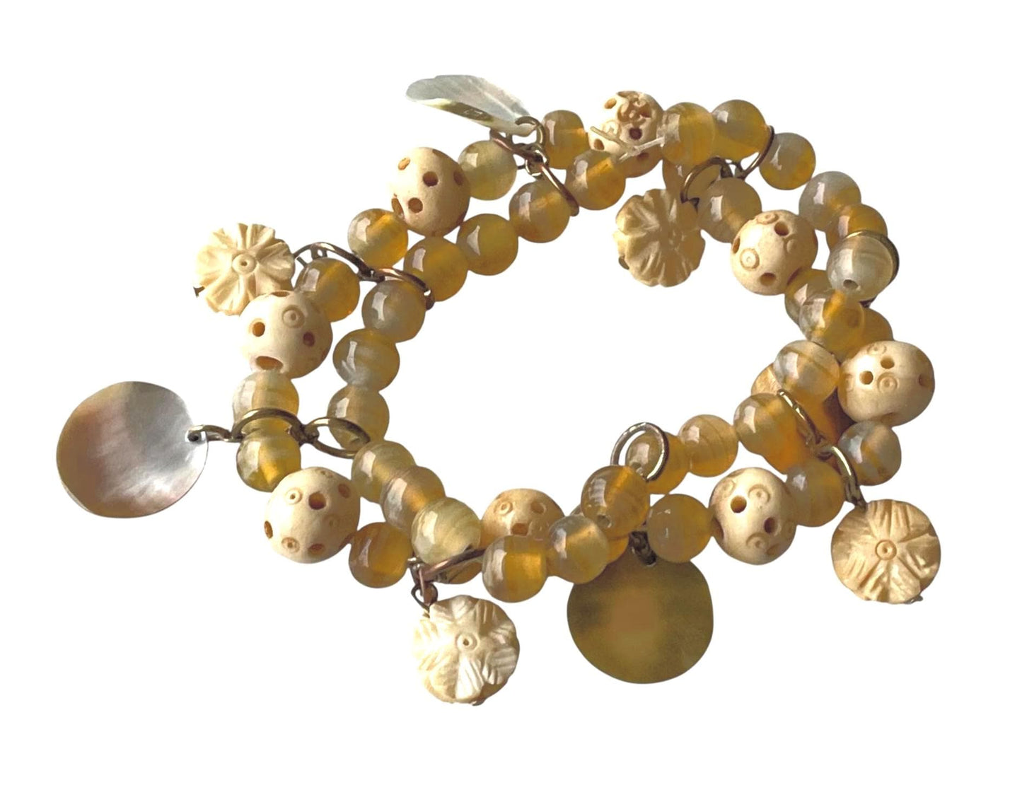 Vintage Beaded Charm Bracelet • Honey Amber Glass Beads • Carved Bone Beads • Mother of Pearl Charms • Boho Artisan Bracelet