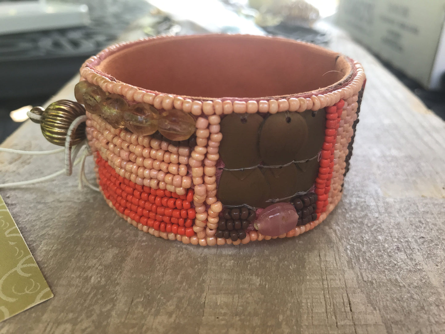 Stunning and unique vintage seed bead and mixed material vintage bracelet - shades of orange and brown - made by Sally C