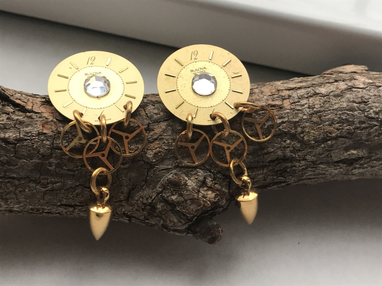 Unique vintage earrings made of vintage Bulova watch parts - for pierced ears