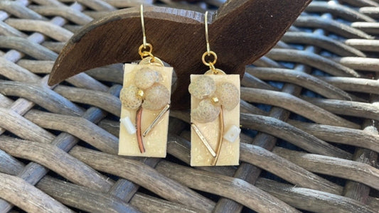 Mixed material collage handmade dangle earrings - wood, metal, shell and more