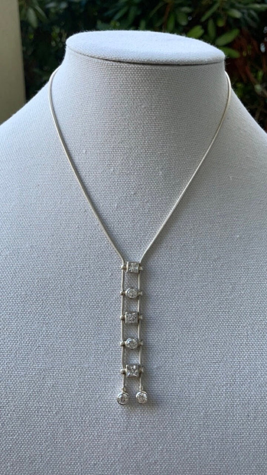 Vintage Monet couture sterling silver and clear geometric Swarovski crystal drop necklace