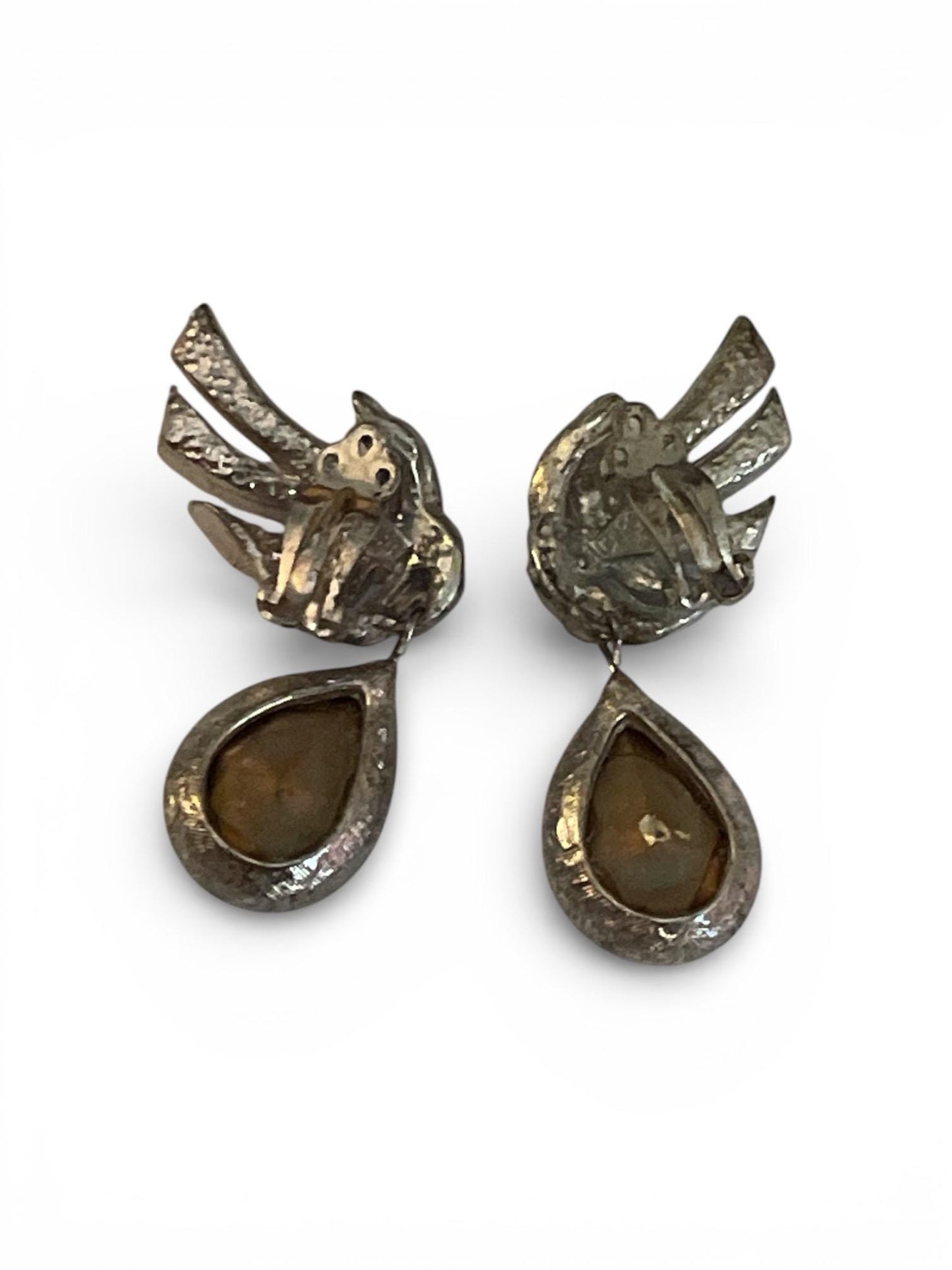 Vintage Rhinestone Teardrop Clip On Earrings | Silver Tone Art Deco Statement Dangle Jewelry