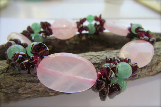Vintage beadwoven gemstone bracelet - pink quartz, garnet and more