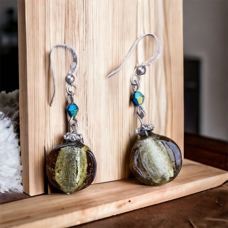 Vintage artisan glass and rhinestone drop earrings