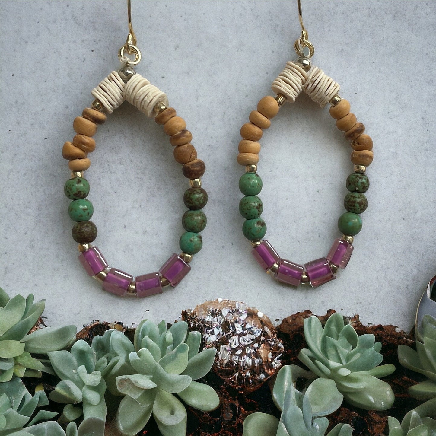 Handmade beaded dangle earrings - purple glass cubes, cream heishi beads, wood and metal spacers
