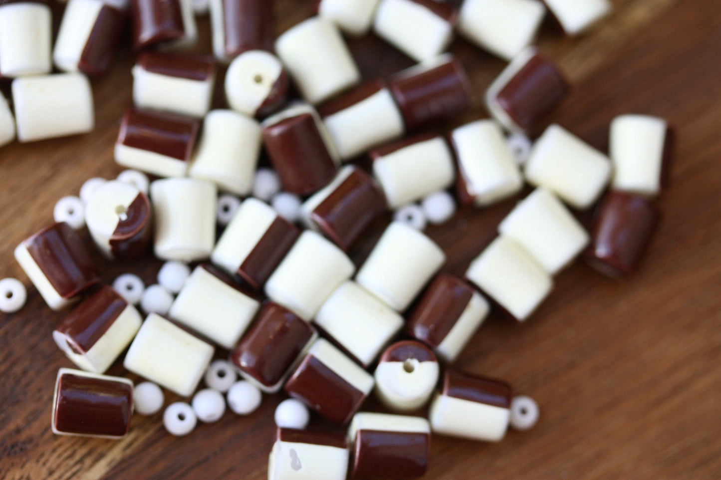 One dozen unique half brown, half creamy white vintage beads