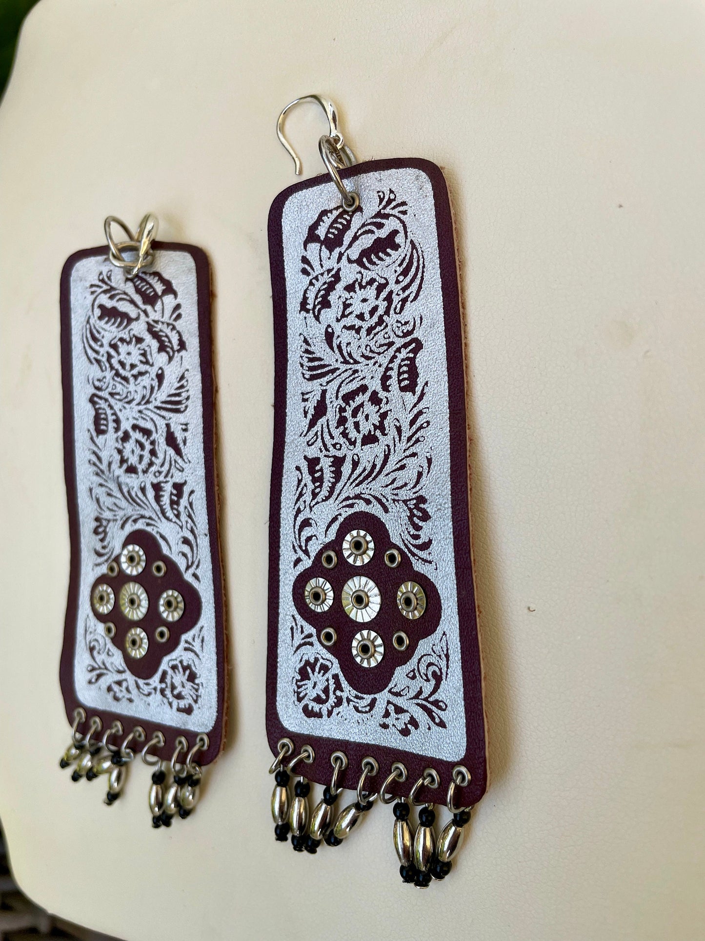 Unique vintage artisan handmade leather dangle earrings