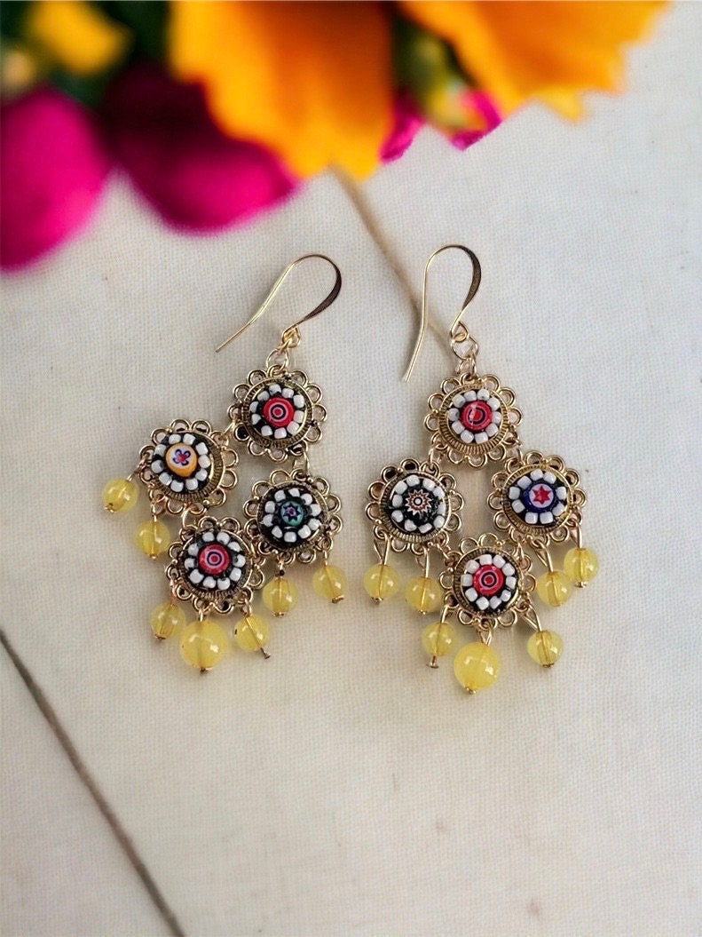 Handmade Italian millefiori mosaic dangle earrings with beads