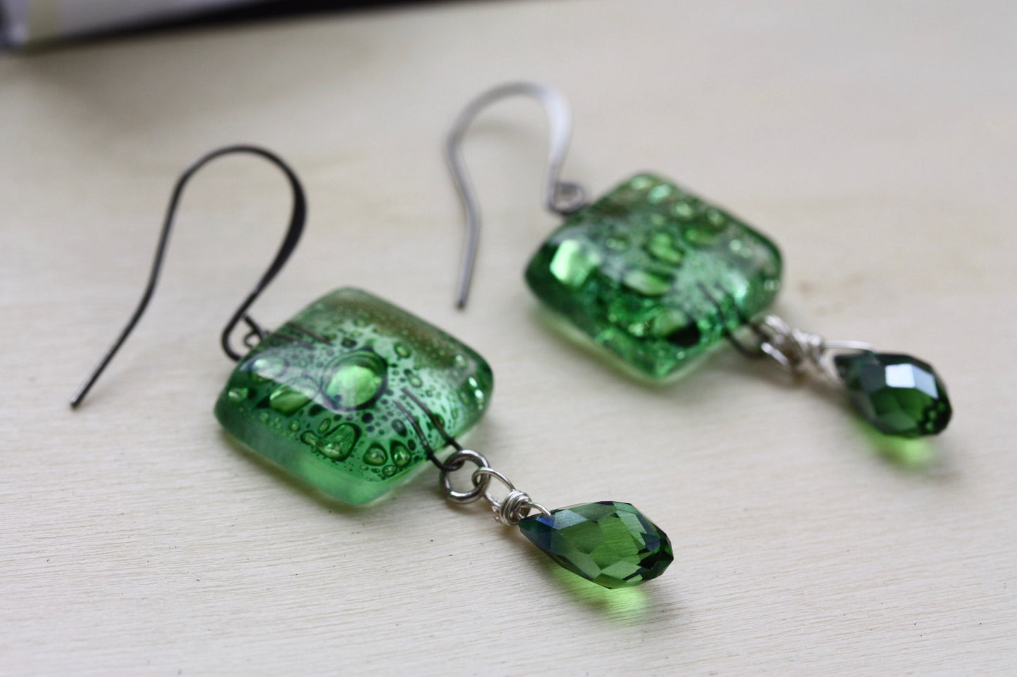 Green blown vintage glass with new faceted green crystal dangle earrings