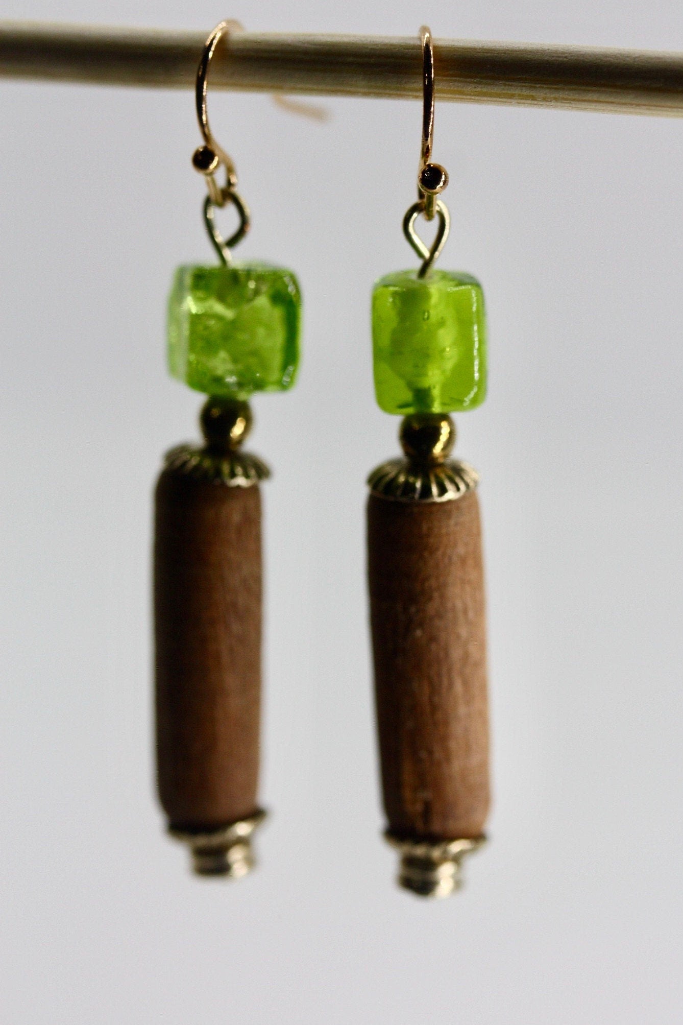 Handmade dangle earrings - lime green upcycled glass cubes with vintage wood tubes and metal elements, goldtone french ear wires