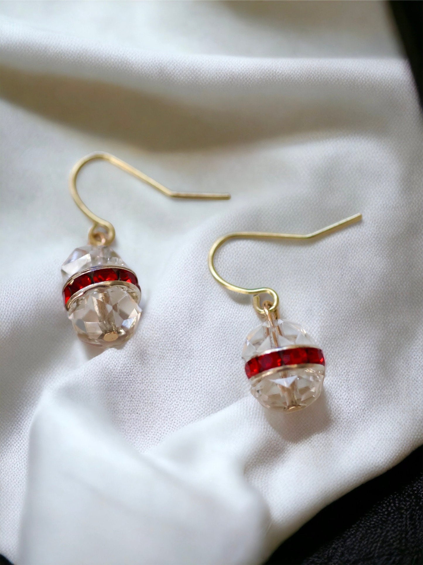 Handmade crystal Christmas ball earrings - made with uniquely domed vintage glass crystal and red rhinestone rondelles