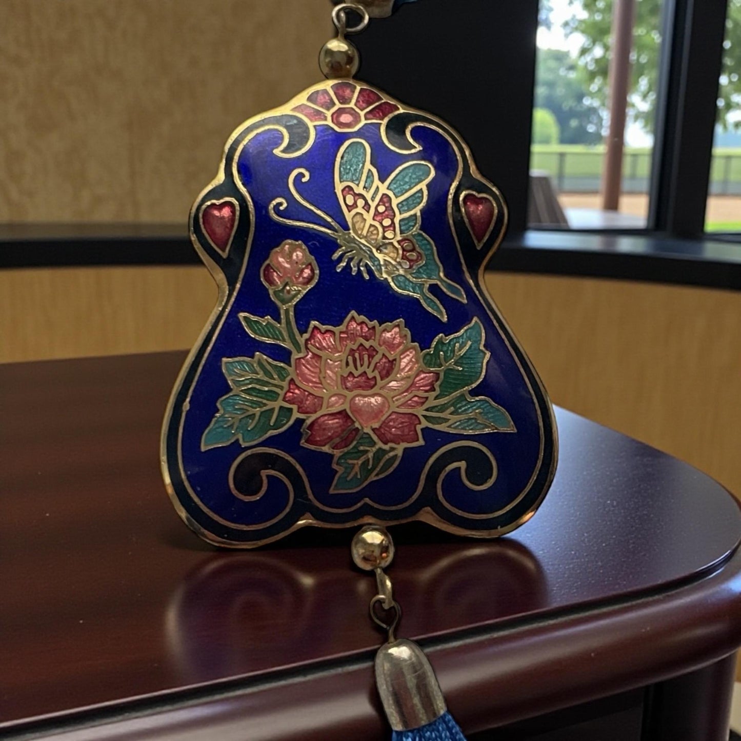 Vintage Cloisonné Floral Tassel Necklace Blue Enamel Asian Pendant