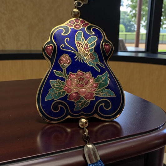 Vintage Cloisonné Floral Tassel Necklace Blue Enamel Asian Pendant