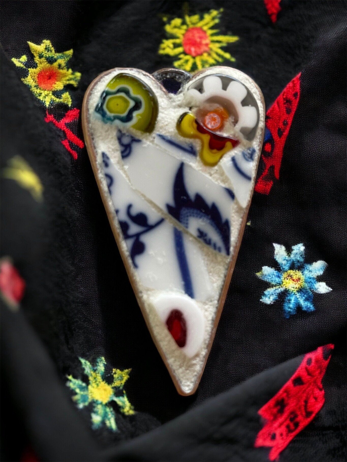My handmade mosaic heart necklace - made from hand cut pieces of a broken vintage dish