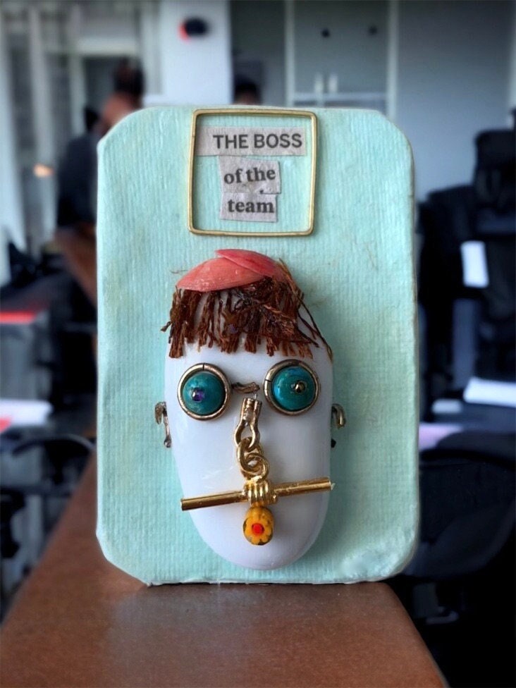 MEET THE BOSS - My funny face mixed medium art - glass on wood with millefiori glass -  can be ordered as a magnet or pin - great as a gift