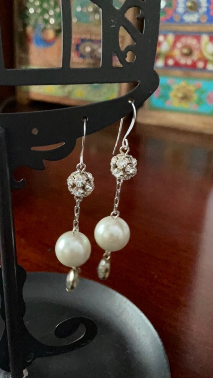 Rhinestone balls and pearls drop dangle earrings - sterling silver ear wires