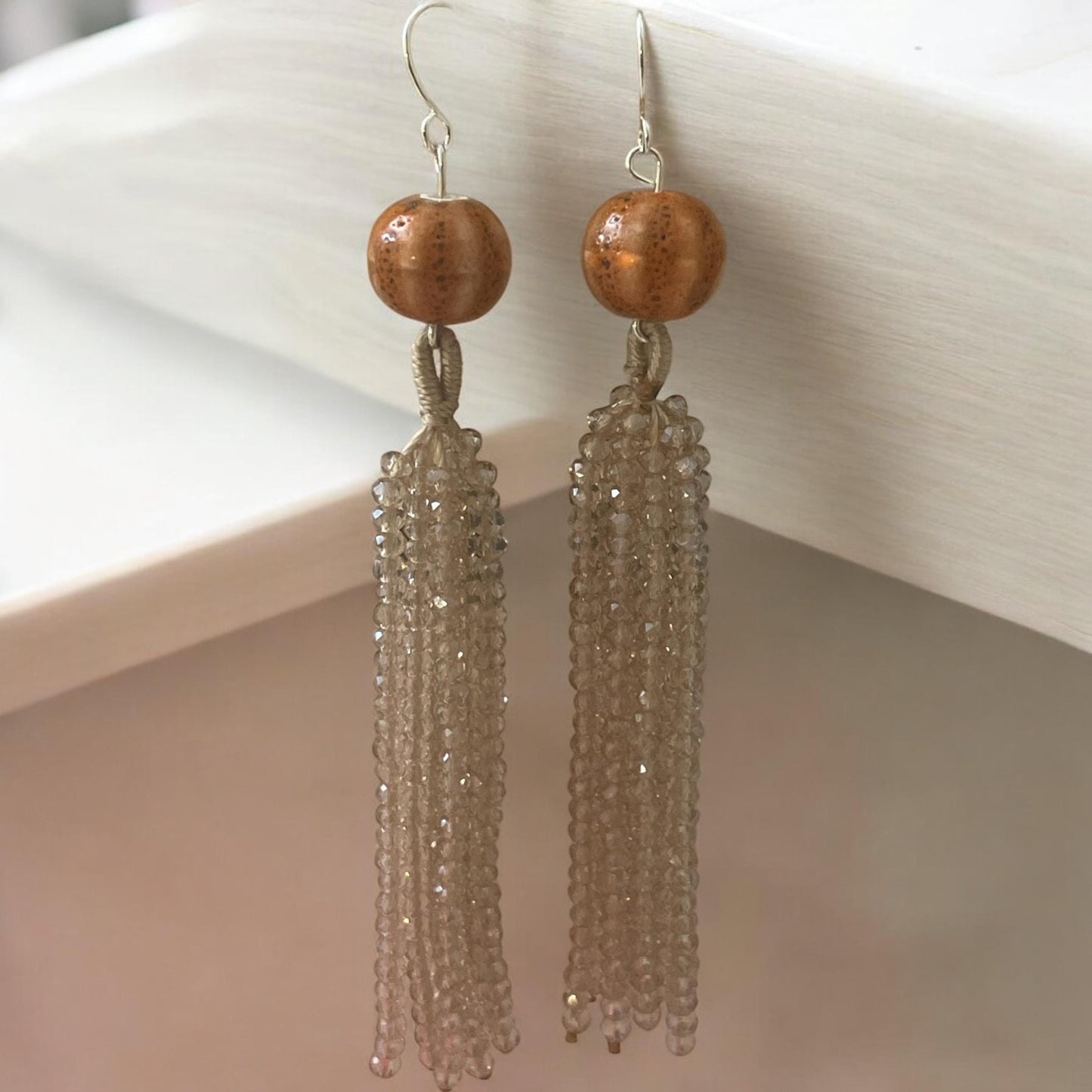 Handmade earrings - Beaded crystal beaded dangle earrings with orange speckled porcelain top