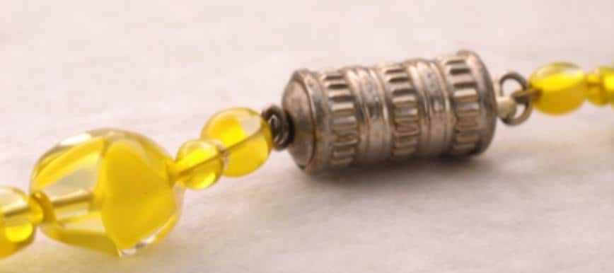 Vintage 1950s Czech Cased Glass Necklace – Bold Yellow & Clear Mid Century Art Glass Statement Beads