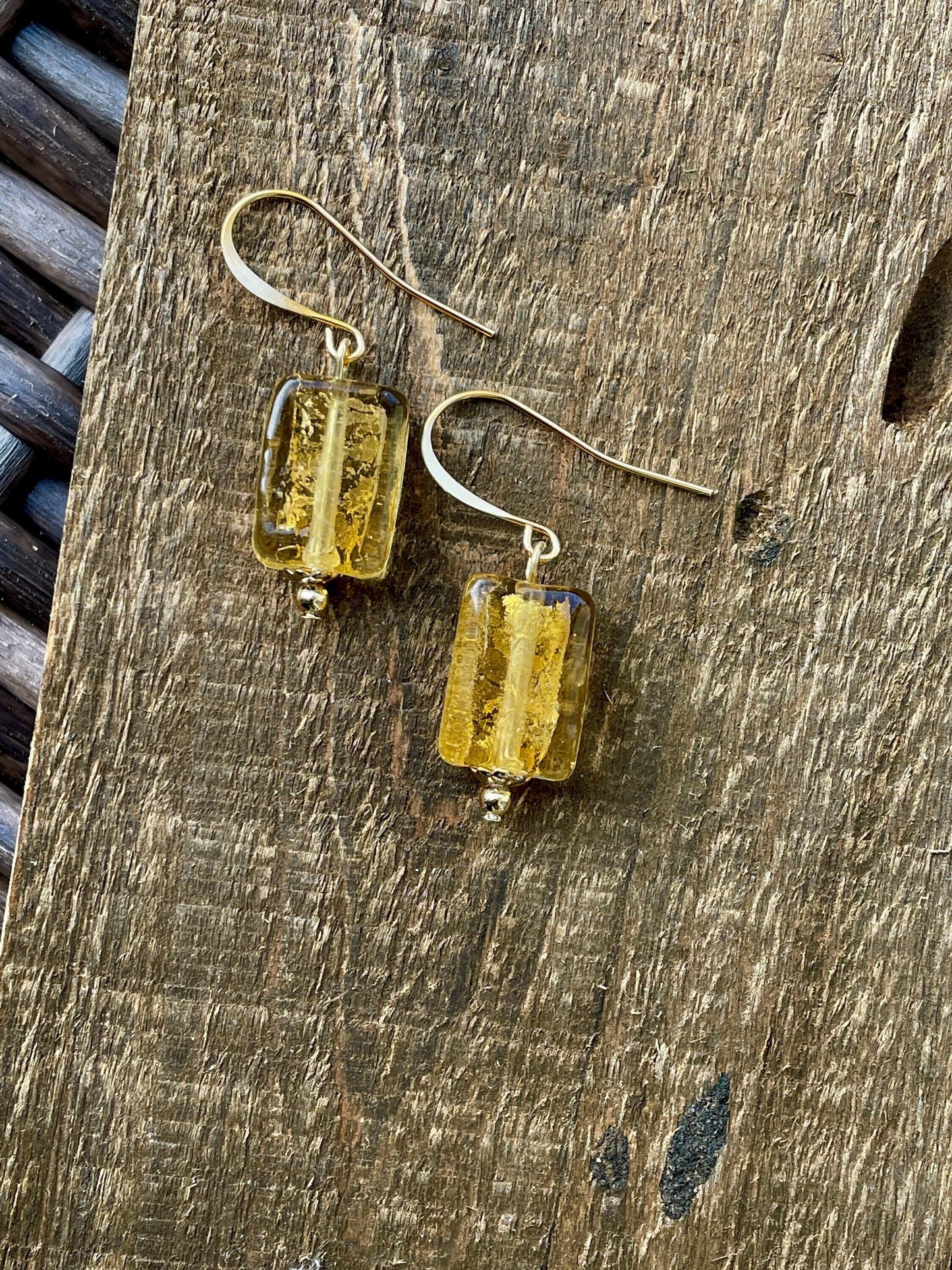 Rectangular yellow golden glass dangle earrings - with sloped ear wires