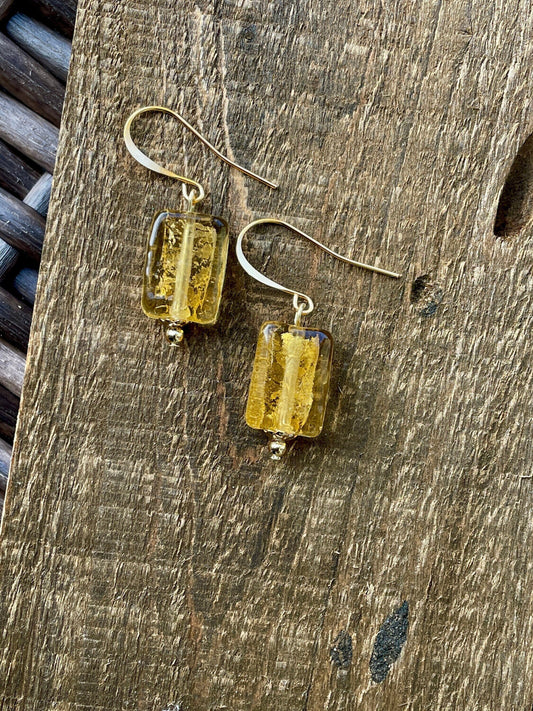 Rectangular yellow golden glass dangle earrings - with sloped ear wires