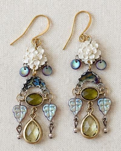 Handmade Vintage Rose Statement Earrings | Upcycled Goldtone Crystal, Iridescent Glass & Vintage Silk Earrings
