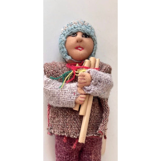 Vintage Bolivian man playing panpipes - collectible folk art doll with handmade woven wool clothing