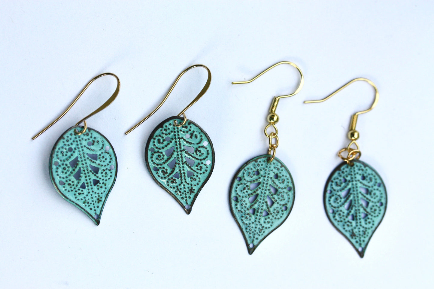 Turquoise patina upcycled dangle leaf earrings