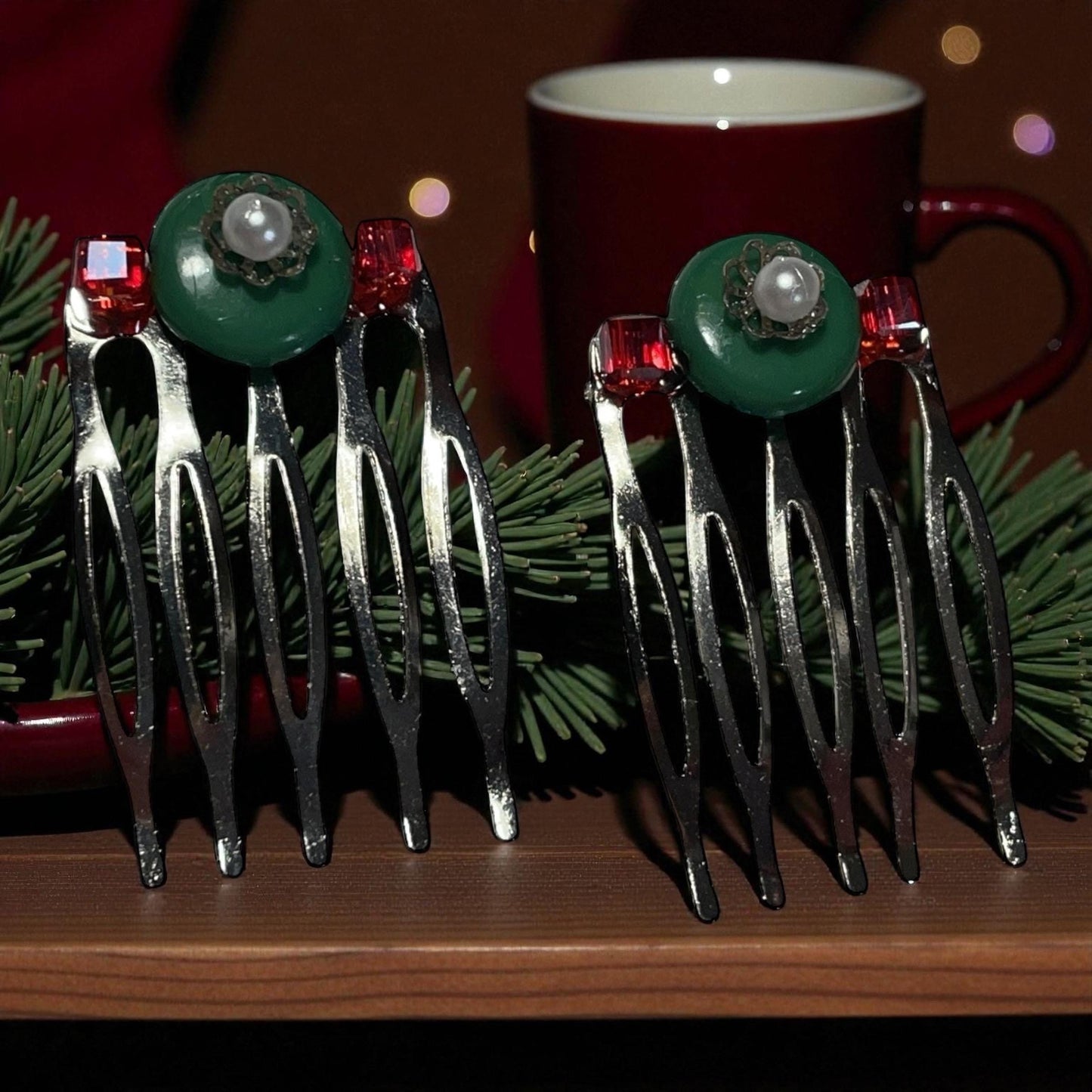 Handmade Green Wood & Red Crystal Hair Combs – Mixed Materials, Faux Pearl and Filigree, 1" Decorative Hair Accessories