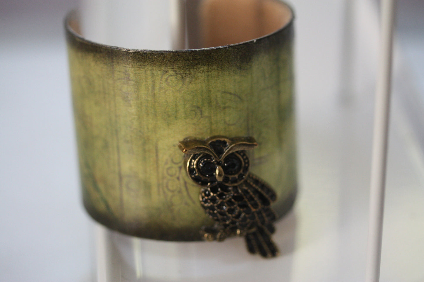 Vintage handmade green cuff bracelet with owl