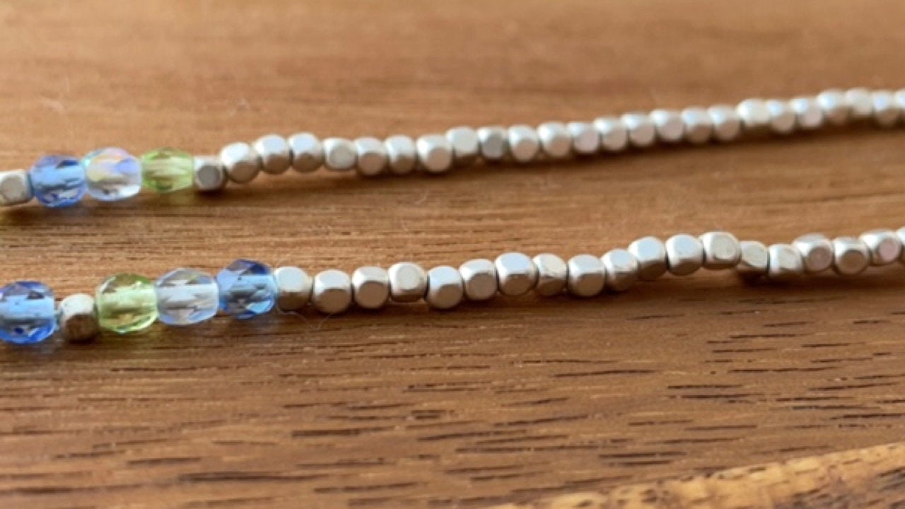 Minimalist necklace - tiny blue and green crystals with tiny silver cubed beads