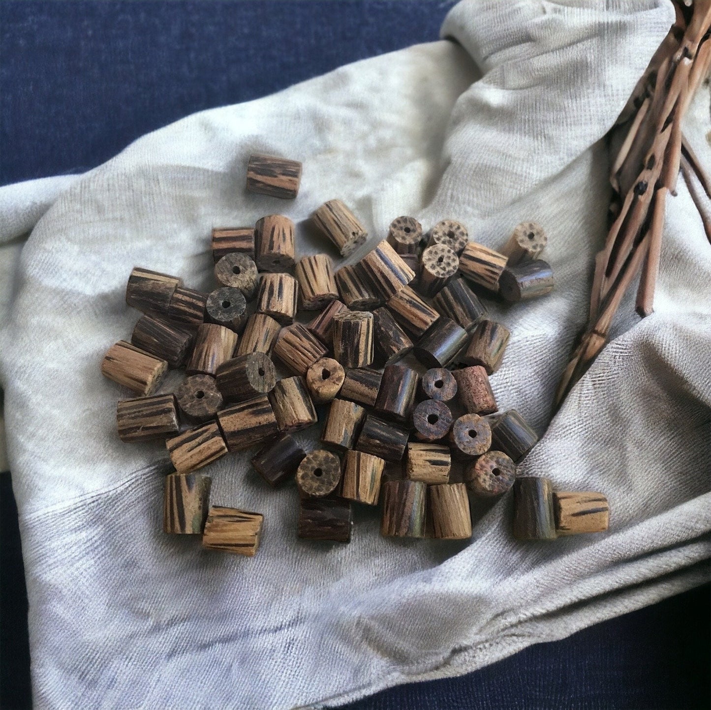 One dozen small unique wood vintage beads - approx. 6 mm each