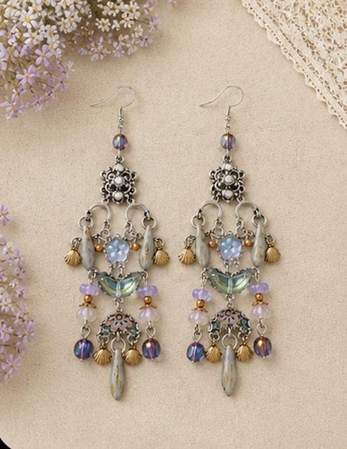 ONE OF A KIND Wearable Art Chandelier Earrings | Czech Glass, Vintage Rhinestones, Silk & Mixed Metal Statement Earrings