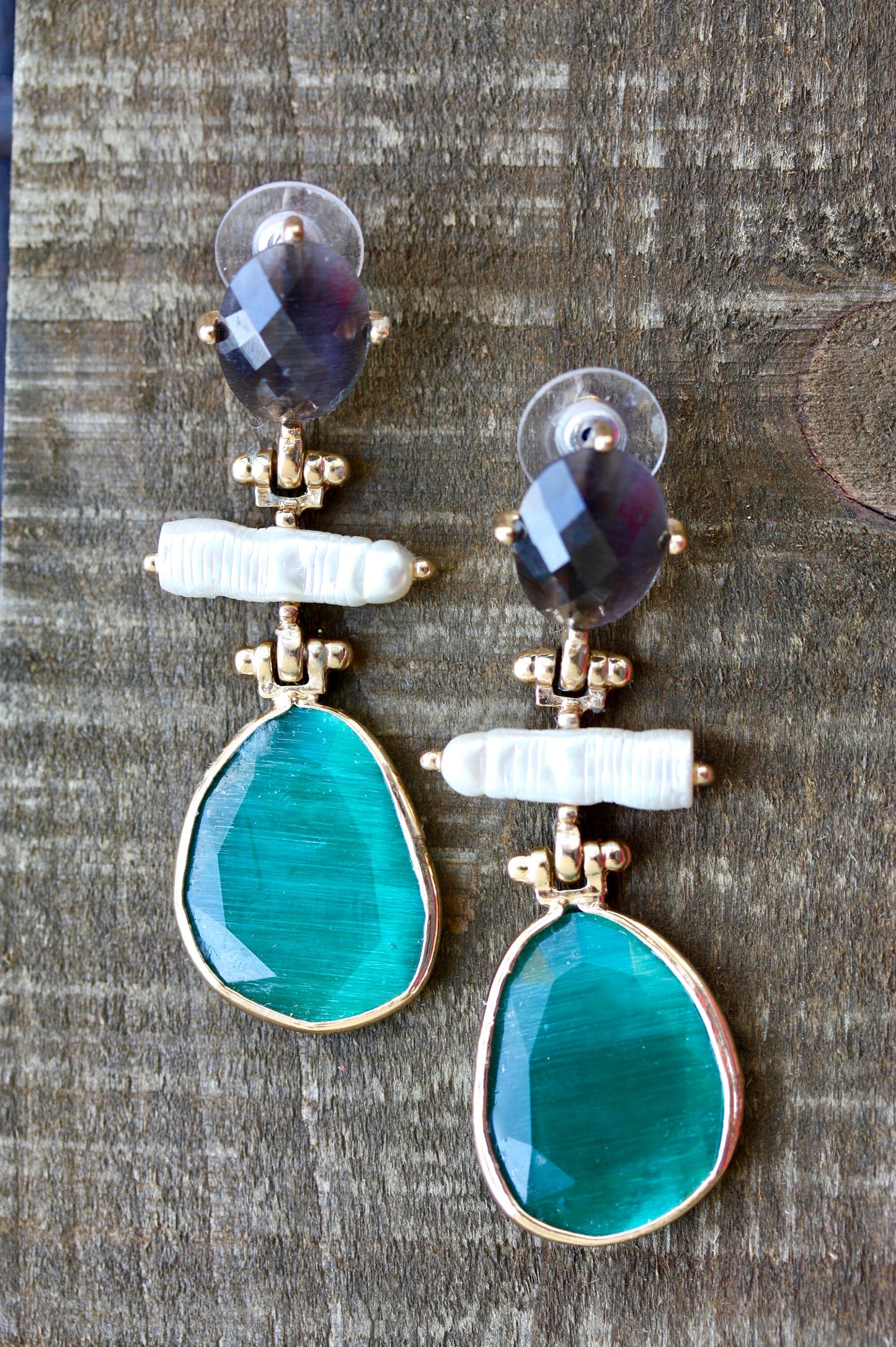 Stunning and unique glass and pearl unsigned vintage earrings - purple amethyst?, turquoise and pearly white