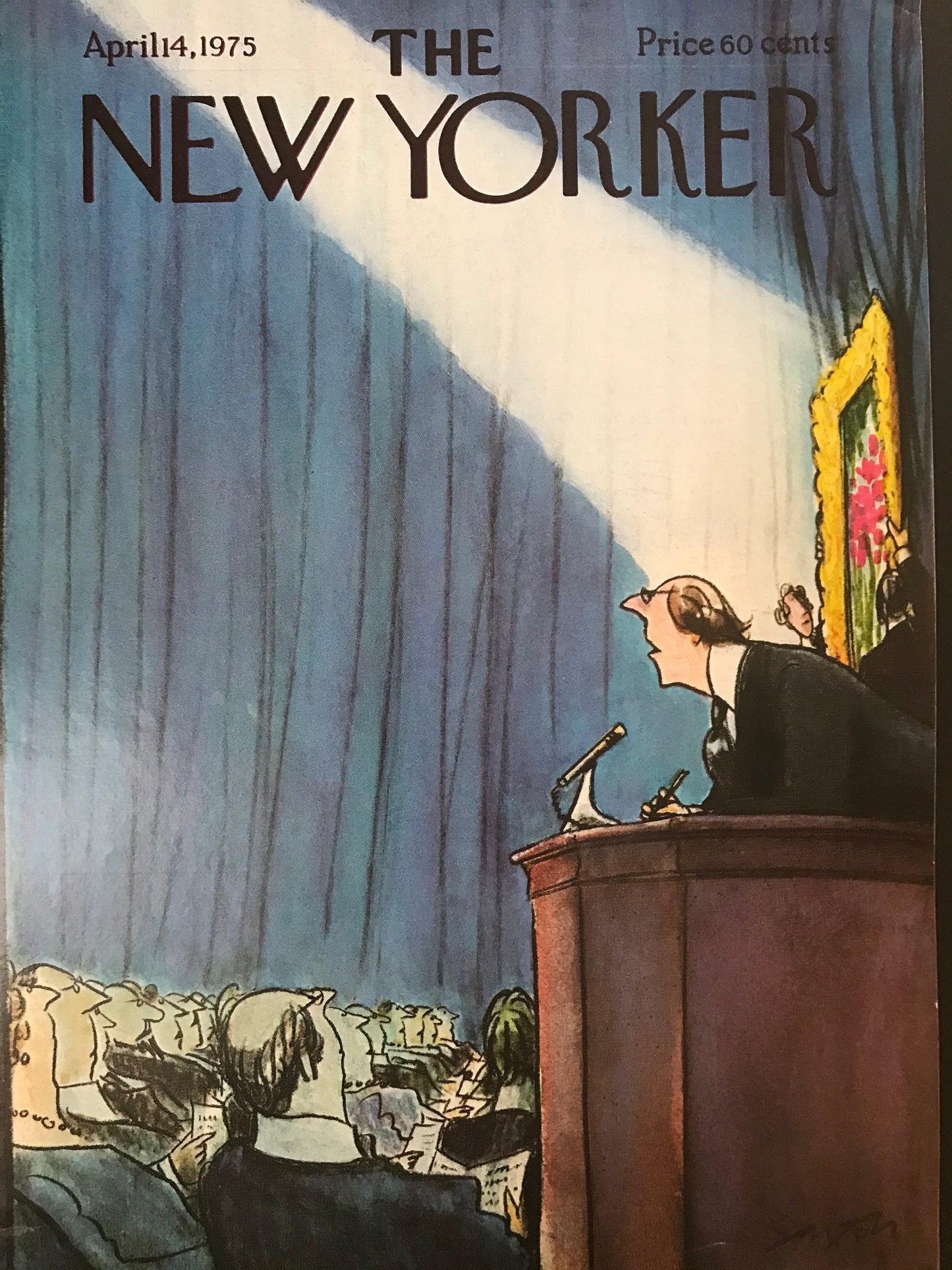 April 14, 1975 - The NEW YORKER Magazine original cover -  cover art by Charles Saxon - a painting of flowers being auctioned