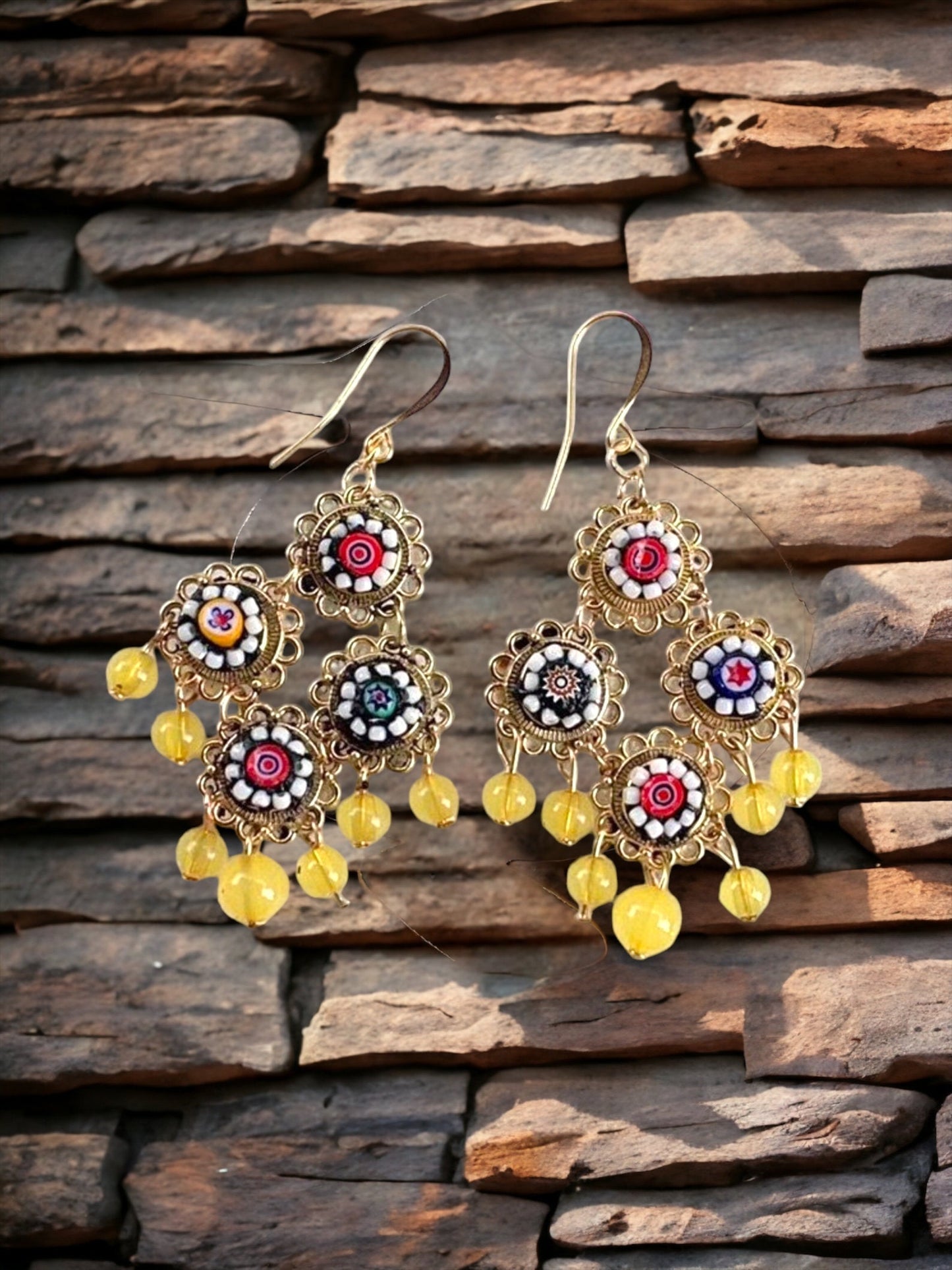 Handmade Italian millefiori mosaic dangle earrings with beads