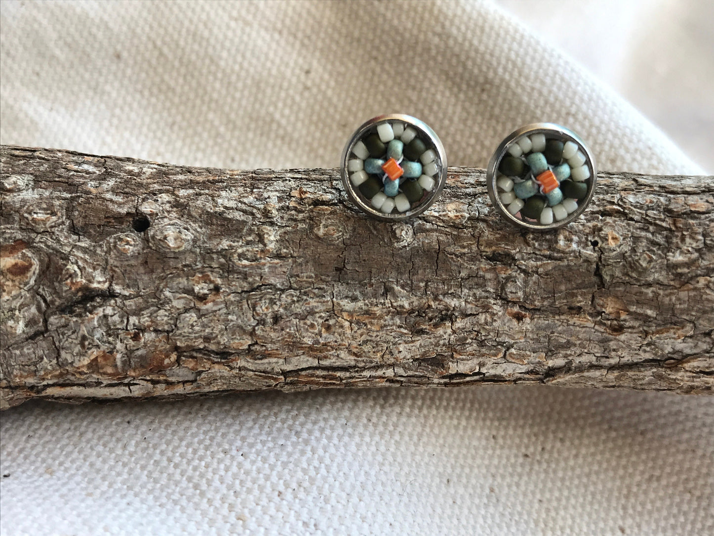 Tiny little stud earrings - approx. 8 mm intricate beadwork - turquoise and olive green