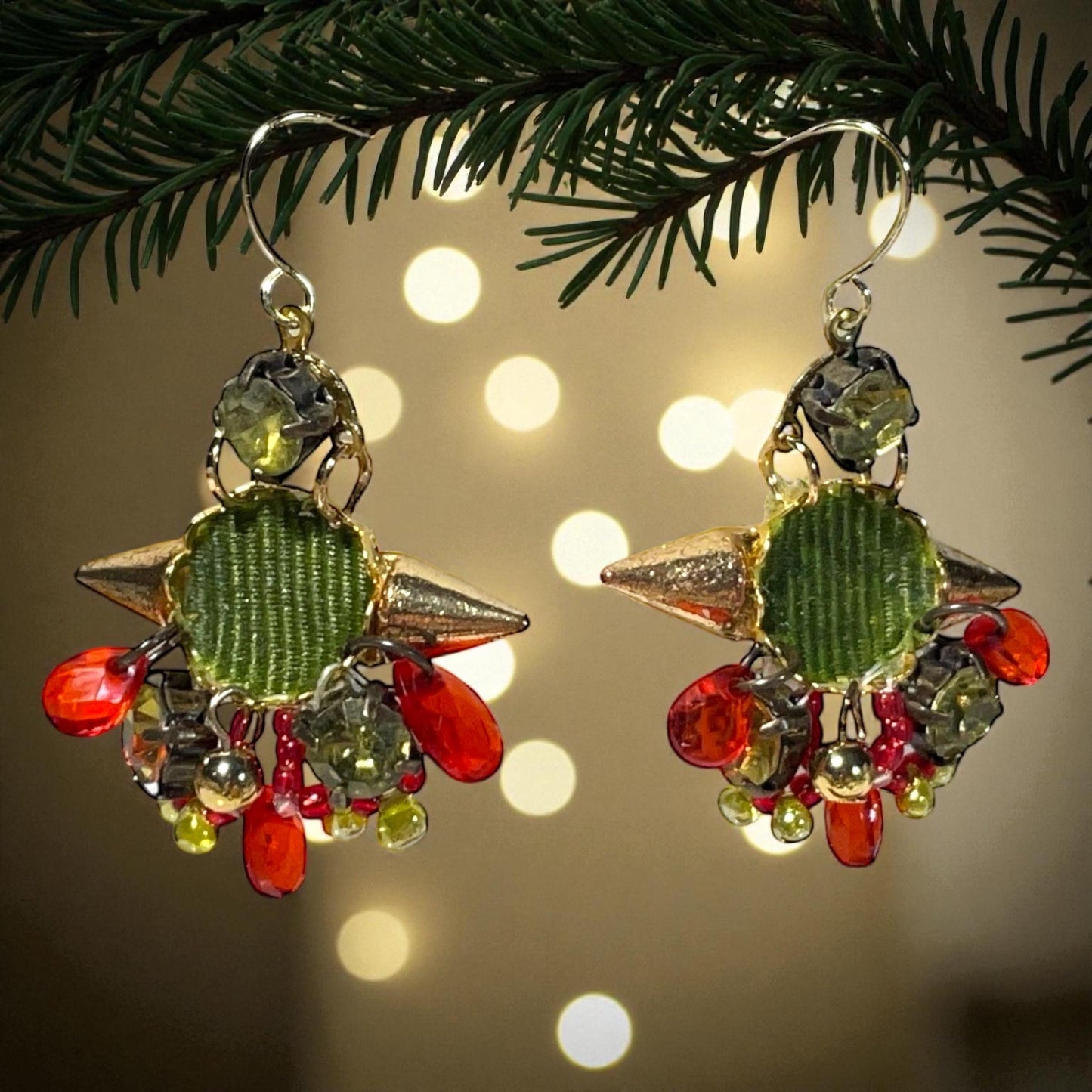 Handmade Mixed-Material Christmas Earrings – Green and Red - includes Fabric, Metal, Faux Crystal and Glass - Holiday Dangles