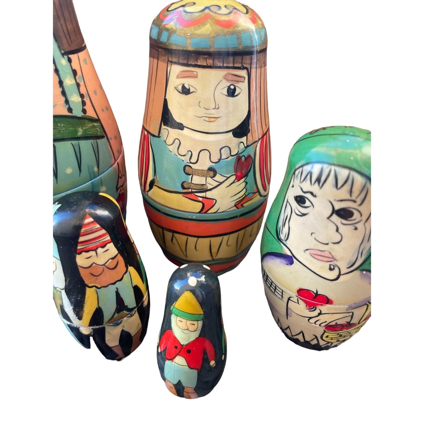 Set of five vintage handmade, hand signed Matryoshka stacking nesting Dolls