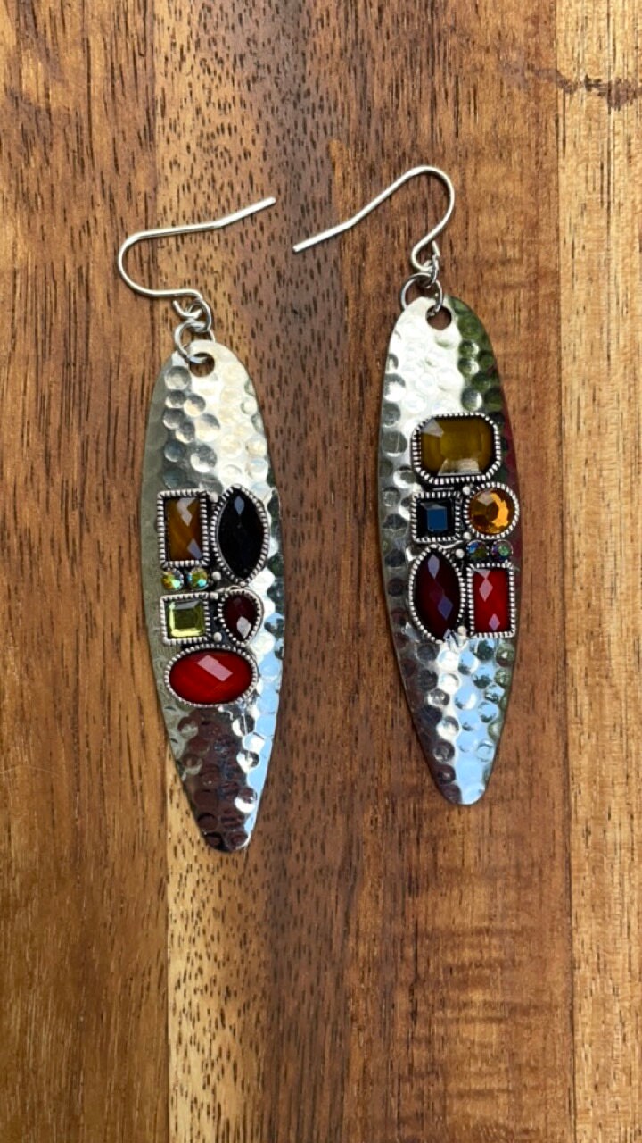 Hammered metal earrings with rhinestone studded mixed media collage