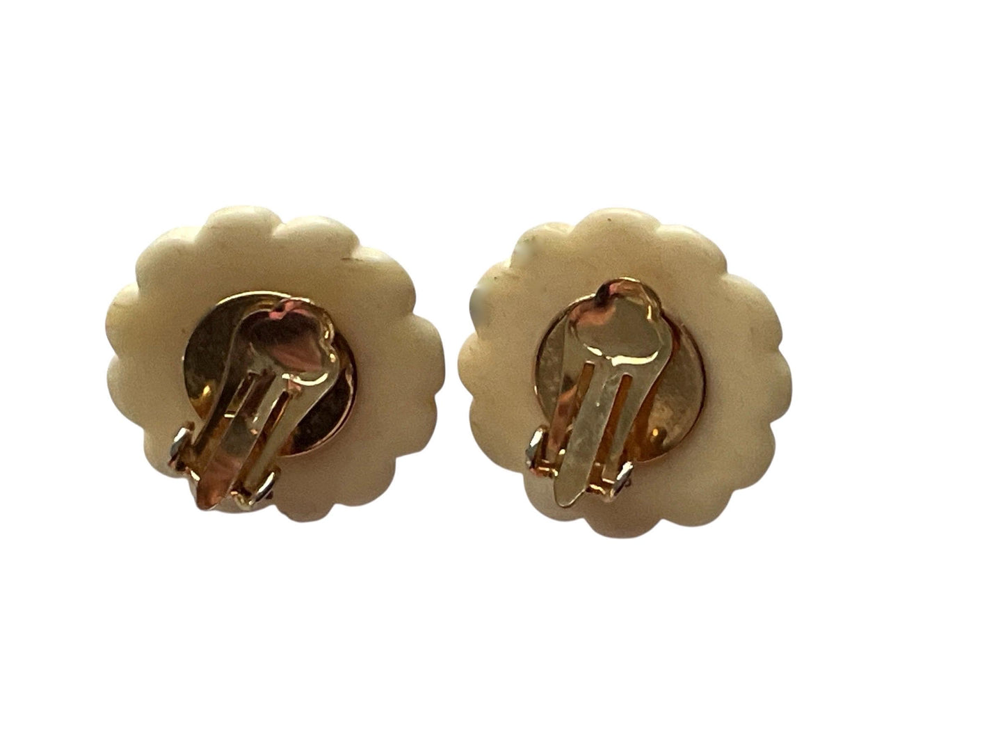 Vintage Carved Ivory-Tone Flower Clip Earrings with Cabochon Center | Retro Statement Earrings