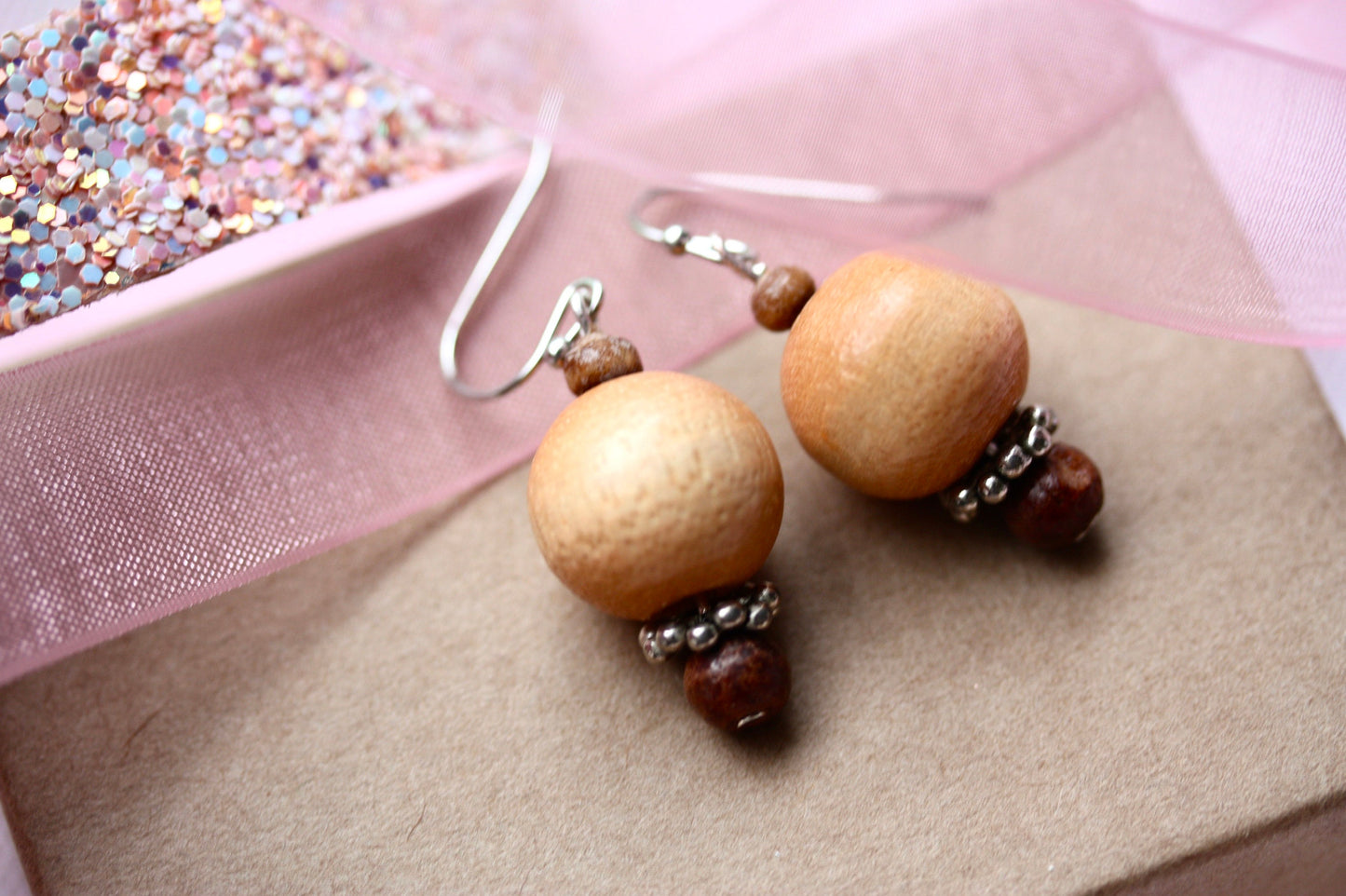 Handmade dangle earrings made with vintage wooden beads