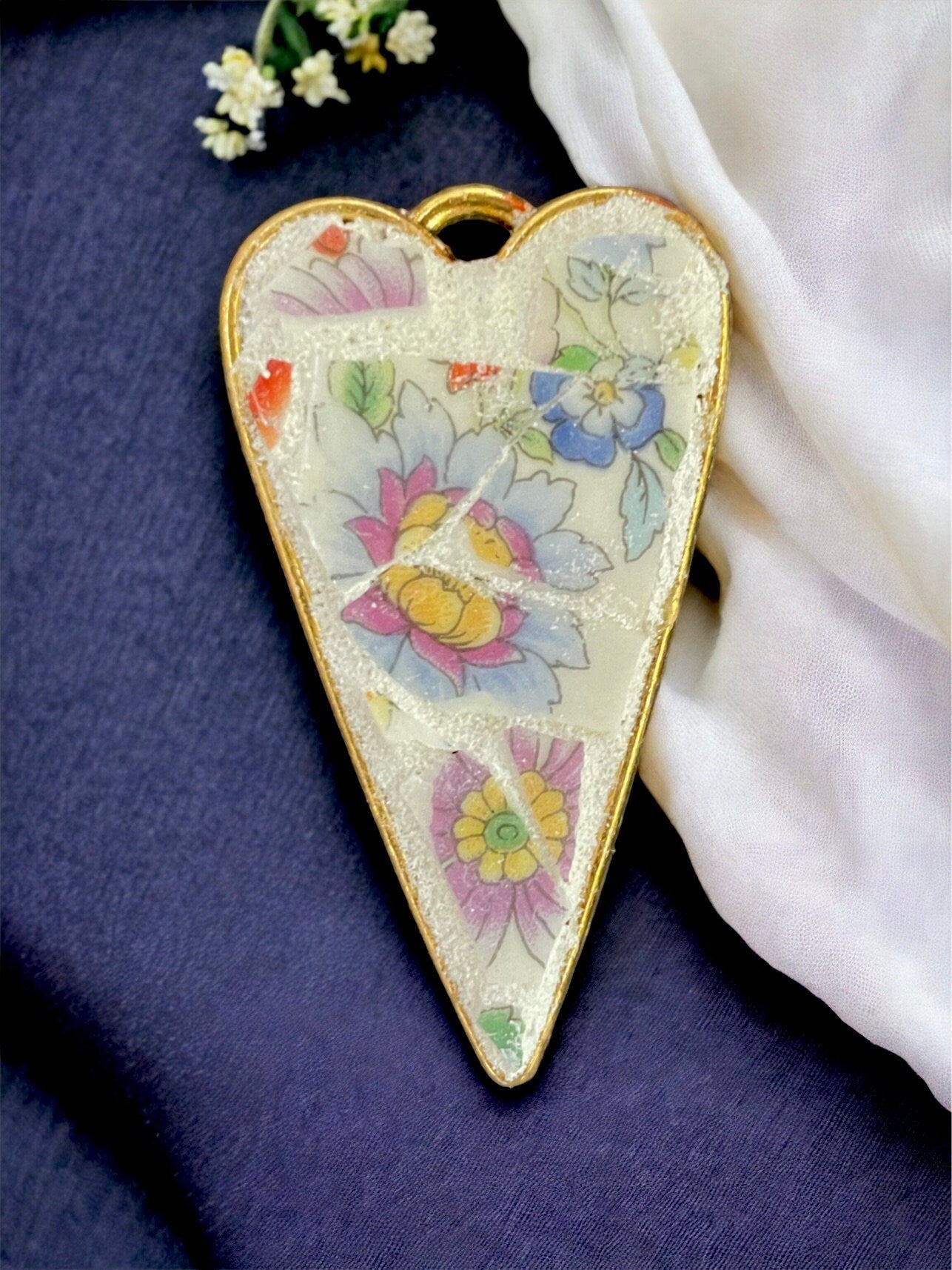 My handmade mosaic heart necklace - made from hand cut pieces of a broken vintage dish